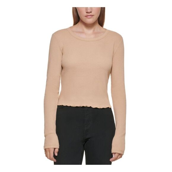 CALVIN KLEIN JEANS Womens Beige Fitted Long Sleeve Crew Neck Crop Top XL - Picture 1 of 1